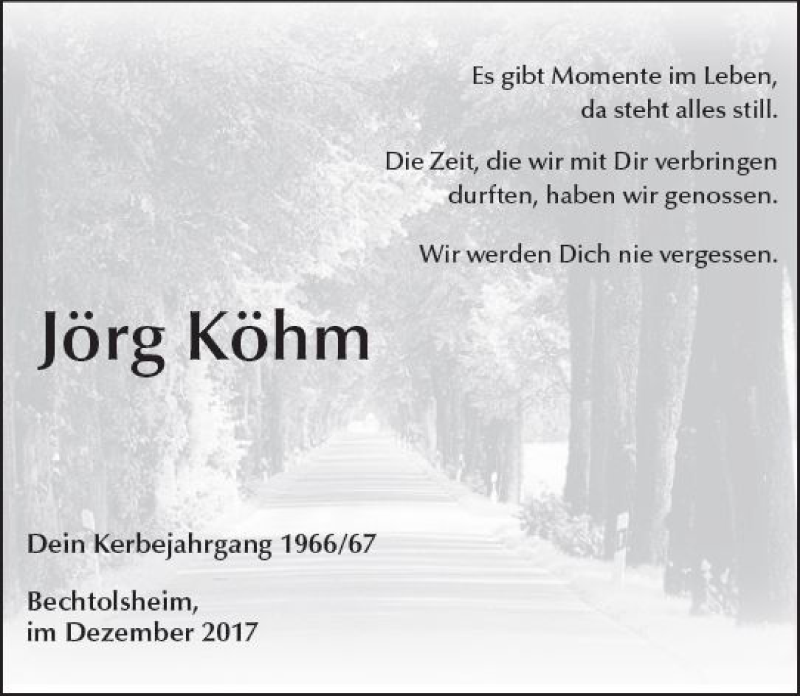  Traueranzeige für Jörg Köhm vom 16.12.2017 aus Trauerportal Rhein Main Presse