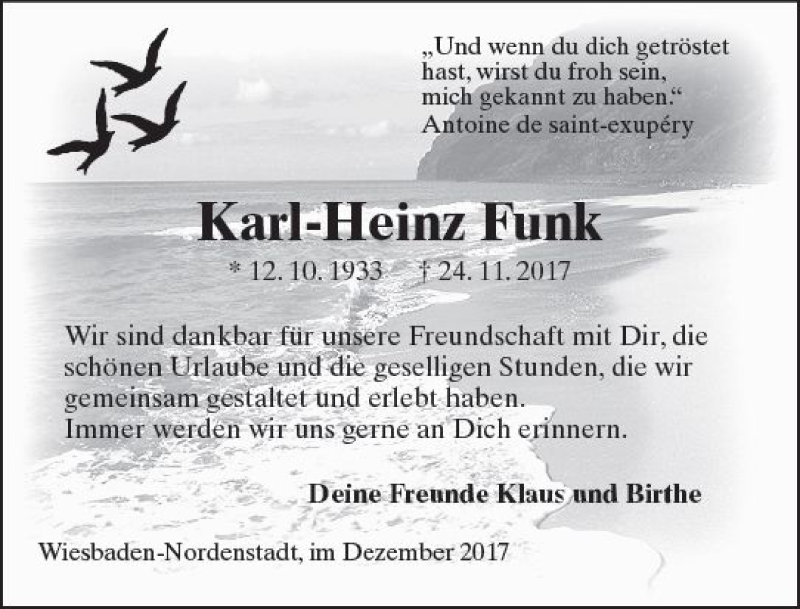  Traueranzeige für Karl-Heinz Funk vom 02.12.2017 aus Trauerportal Rhein Main Presse