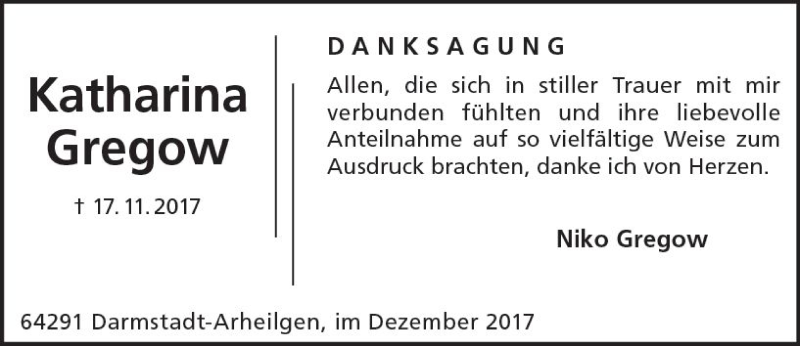  Traueranzeige für Katharina Gregow vom 16.12.2017 aus Trauerportal Echo Online