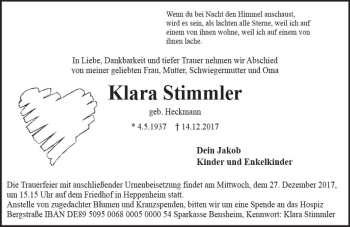Traueranzeige von Klara Stimmler von Trauerportal Echo Online