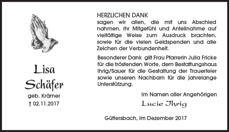  Traueranzeige für Lisa Schäfer vom 16.12.2017 aus Trauerportal Echo Online