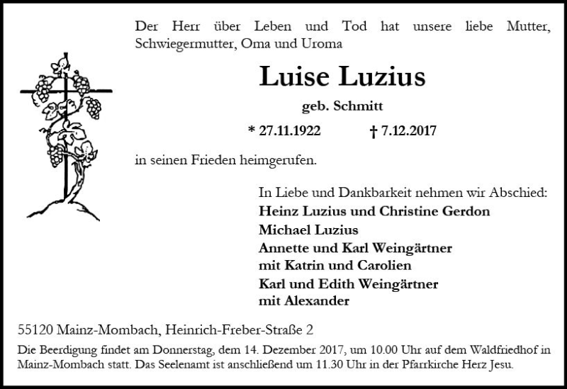  Traueranzeige für Luise Luzius vom 09.12.2017 aus Trauerportal Rhein Main Presse