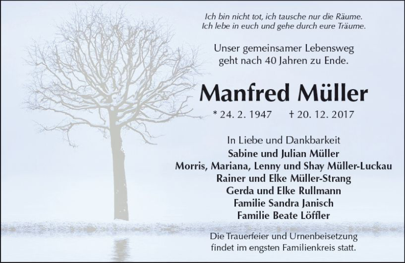  Traueranzeige für Manfred Müller vom 30.12.2017 aus  Kreisanzeiger