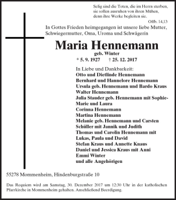 Traueranzeige von Maria Hennemann von Trauerportal Rhein Main Presse