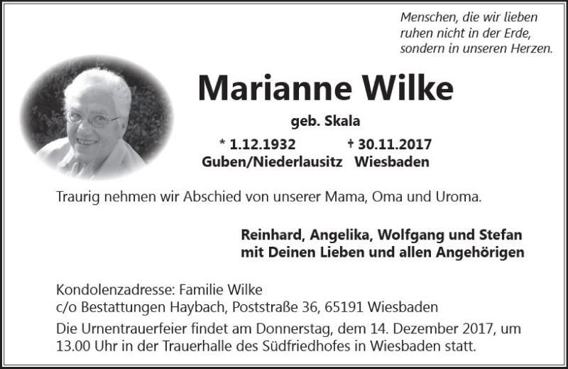  Traueranzeige für Marianne Wilke vom 09.12.2017 aus Trauerportal Rhein Main Presse