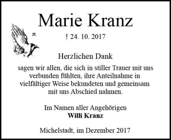Traueranzeige von Marie Kranz von Trauerportal Echo Online