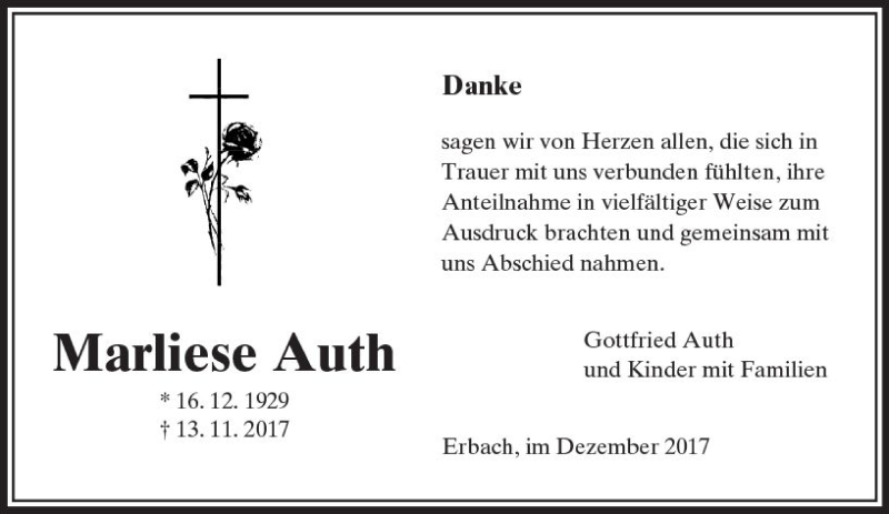  Traueranzeige für Marliese Auth vom 07.12.2017 aus  Camberger Anzeiger
