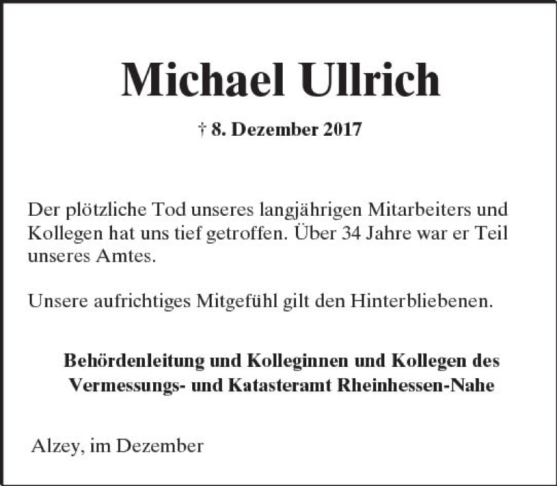  Traueranzeige für Michael Ullrich vom 14.12.2017 aus Trauerportal Rhein Main Presse