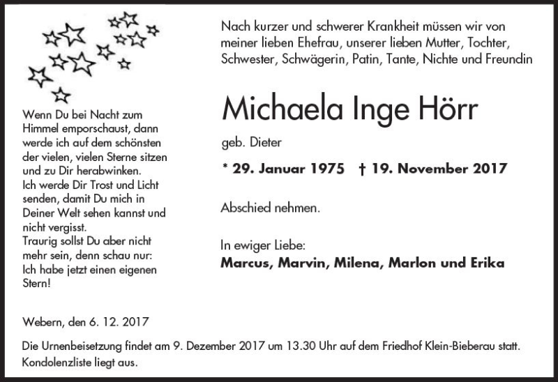  Traueranzeige für Michaela Inge Hörr vom 06.12.2017 aus Trauerportal Echo Online
