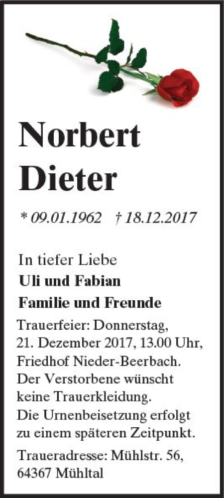  Traueranzeige für Norbert Dieter vom 20.12.2017 aus Trauerportal Rhein Main Presse
