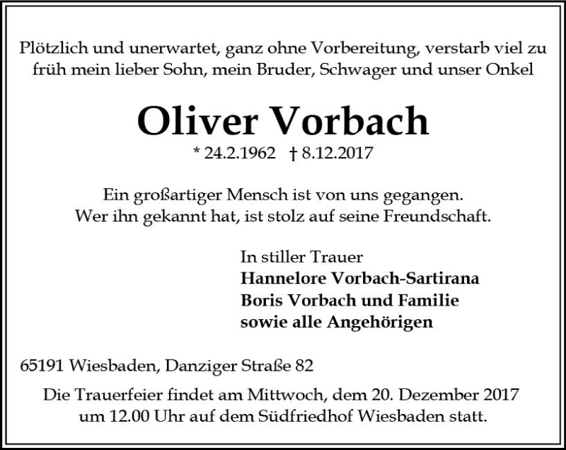  Traueranzeige für Oliver Vorbach vom 16.12.2017 aus Trauerportal Rhein Main Presse