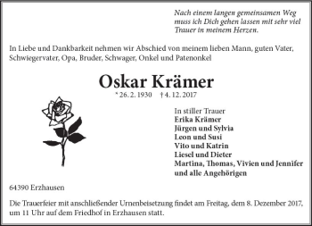 Traueranzeige von Oskar Krämer von Trauerportal Echo Online