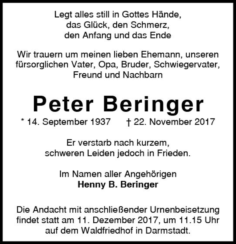  Traueranzeige für Peter Beringer vom 09.12.2017 aus Trauerportal Echo Online