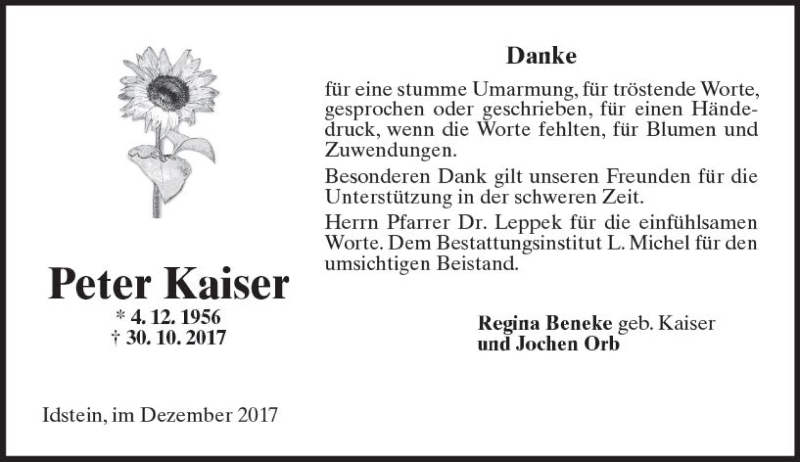  Traueranzeige für Peter Kaiser vom 23.12.2017 aus Trauerportal Rhein Main Presse