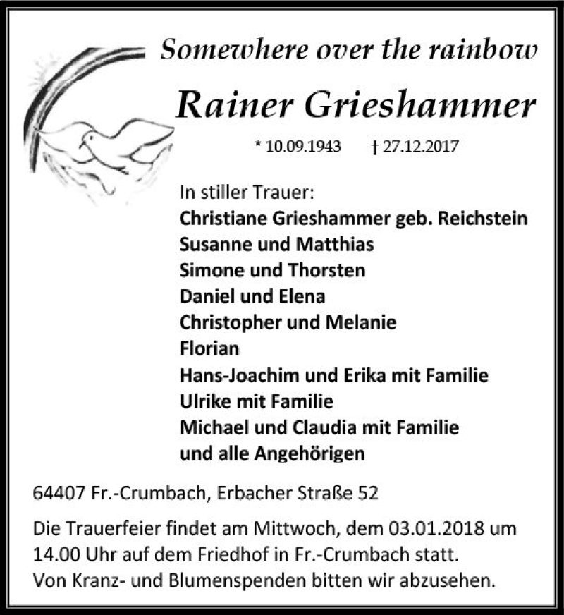  Traueranzeige für Rainer Grieshammer vom 30.12.2017 aus Trauerportal Echo Online