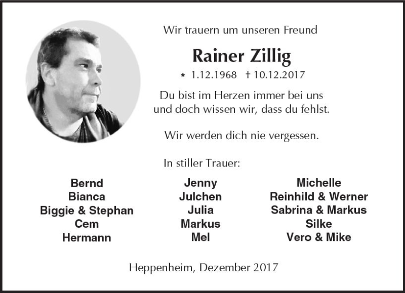  Traueranzeige für Rainer Zillig vom 16.12.2017 aus Trauerportal Echo Online