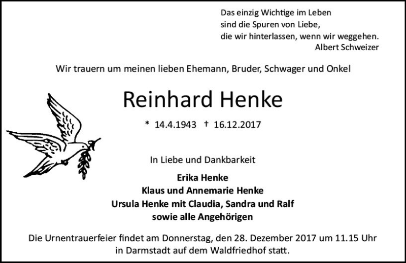  Traueranzeige für Reinhard Henke vom 23.12.2017 aus Trauerportal Echo Online