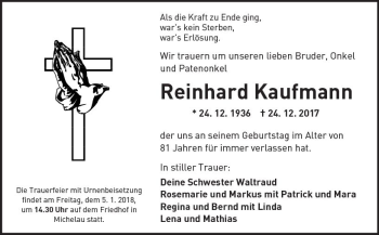 Traueranzeige von Reinhard Kaufmann von  Kreisanzeiger