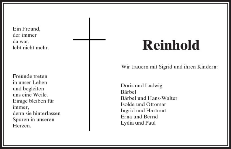  Traueranzeige für Reinhold  vom 09.12.2017 aus  Usinger Anzeiger
