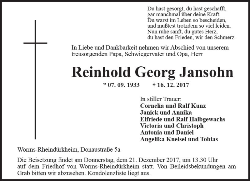 Traueranzeige für Reinhold Georg Jansohn vom 19.12.2017 aus Trauerportal Rhein Main Presse