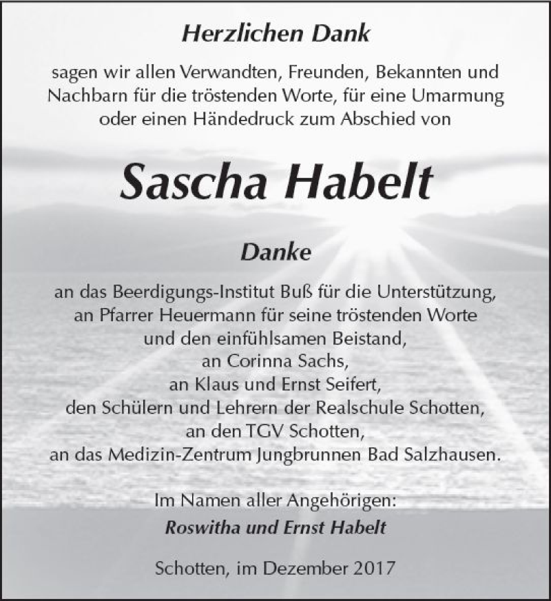  Traueranzeige für Sascha Habelt vom 02.12.2017 aus  Kreisanzeiger