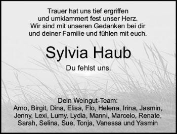 Traueranzeige von Sylvia Haub von Trauerportal Rhein Main Presse