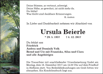 Traueranzeige von Ursula Beierle von Trauerportal Rhein Main Presse