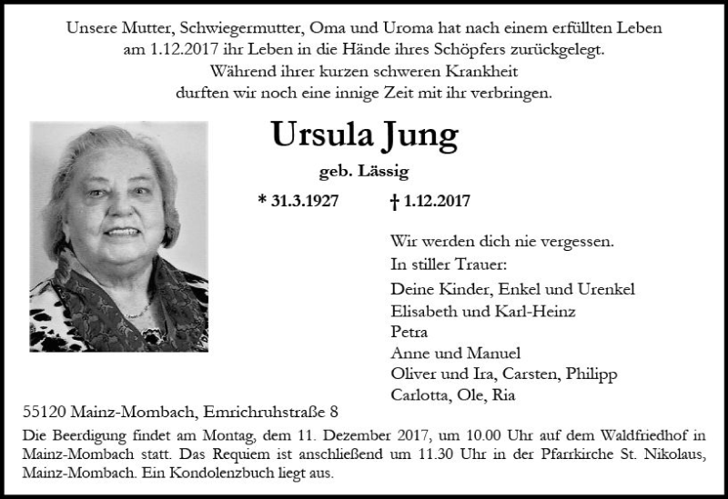  Traueranzeige für Ursula Jung vom 09.12.2017 aus Trauerportal Rhein Main Presse