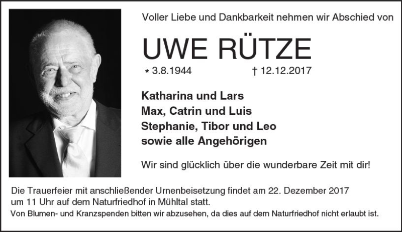  Traueranzeige für Uwe Rütze vom 20.12.2017 aus Trauerportal Echo Online