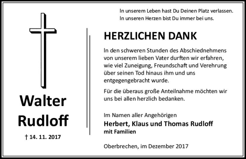  Traueranzeige für Walter Rudloff vom 21.12.2017 aus  Camberger Anzeiger