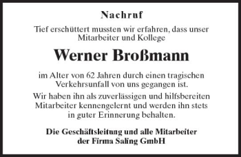 Traueranzeige von Werner Broßmann von Trauerportal Rhein Main Presse