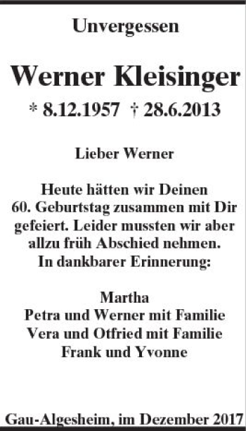 Traueranzeige von Werner Kleisinger von Trauerportal Rhein Main Presse