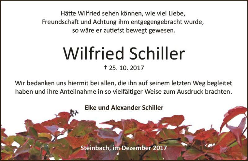  Traueranzeige für Wilfried Schiller vom 02.12.2017 aus Trauerportal Echo Online