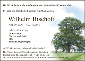 Traueranzeige von Wilhelm Bischoff von Trauerportal Echo Online