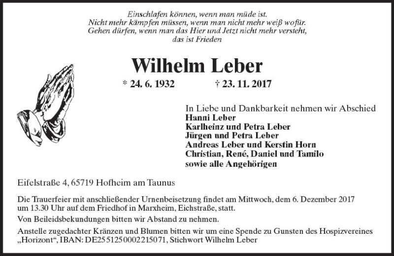  Traueranzeige für Wilhelm Leber vom 01.12.2017 aus Trauerportal Rhein Main Presse