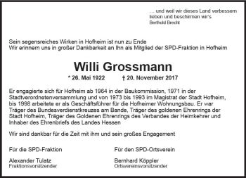Traueranzeige von Willi Grossmann von Trauerportal Rhein Main Presse