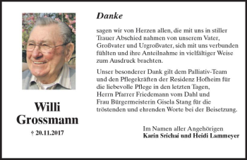 Traueranzeige von Willi Grossmann von Trauerportal Rhein Main Presse