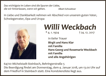 Traueranzeige von Willi Weckbach von Trauerportal Echo Online