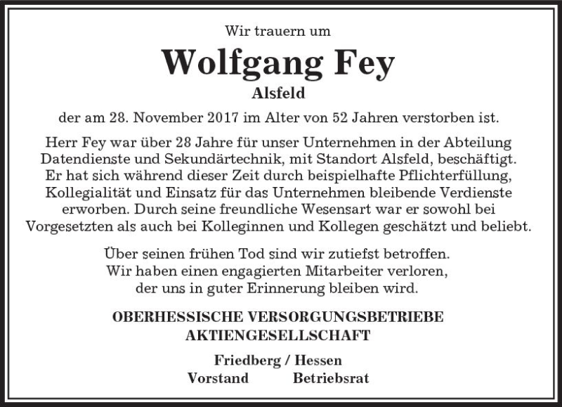  Traueranzeige für Wolfgang Fey vom 07.12.2017 aus VRM Trauer