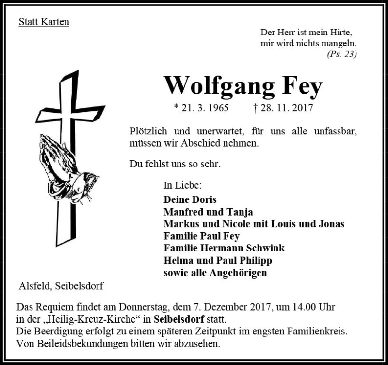  Traueranzeige für Wolfgang Fey vom 05.12.2017 aus VRM Trauer