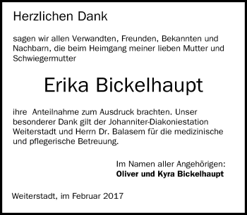 Traueranzeige von Erika Bickelhaupt von Trauerportal Echo Online