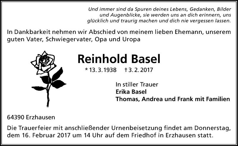  Traueranzeige für Reinhold Basel vom 11.02.2017 aus Trauerportal Echo Online