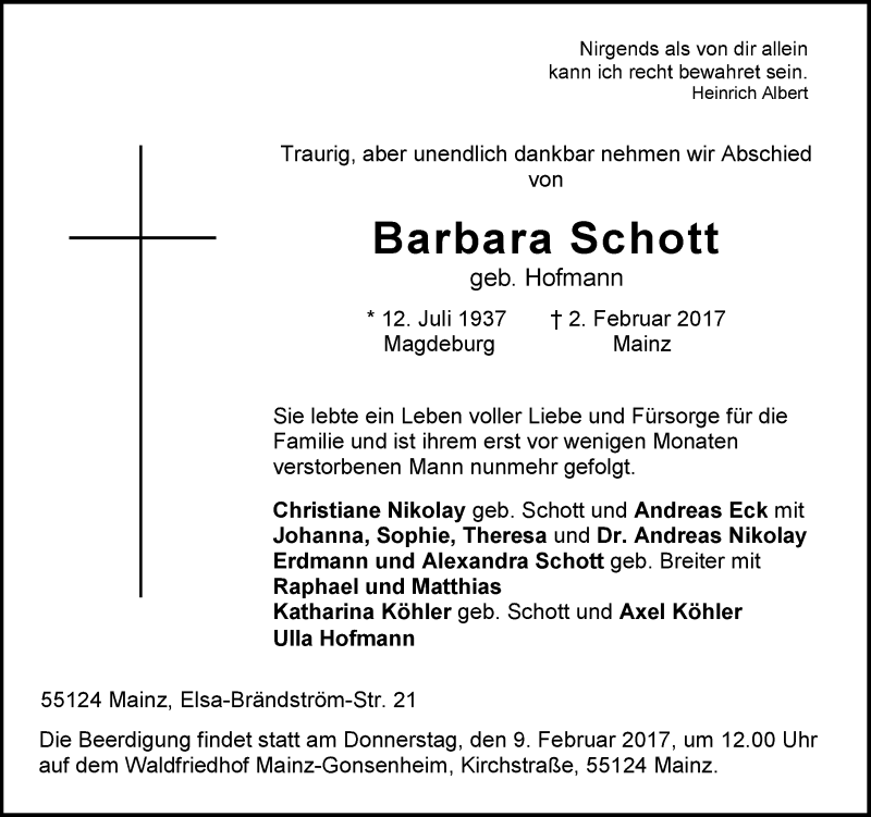  Traueranzeige für Barbara Schott vom 04.02.2017 aus Trauerportal Rhein Main Presse