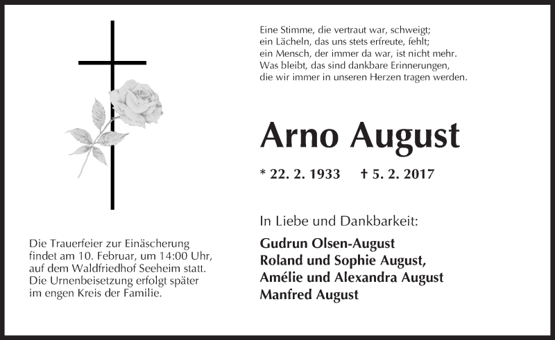  Traueranzeige für Arno August vom 07.02.2017 aus Trauerportal Echo Online