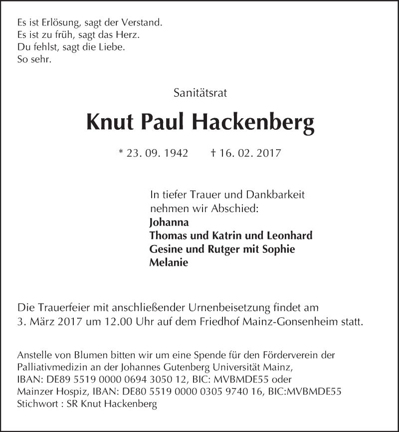  Traueranzeige für Knut Paul Hackenberg vom 22.02.2017 aus Trauerportal Rhein Main Presse