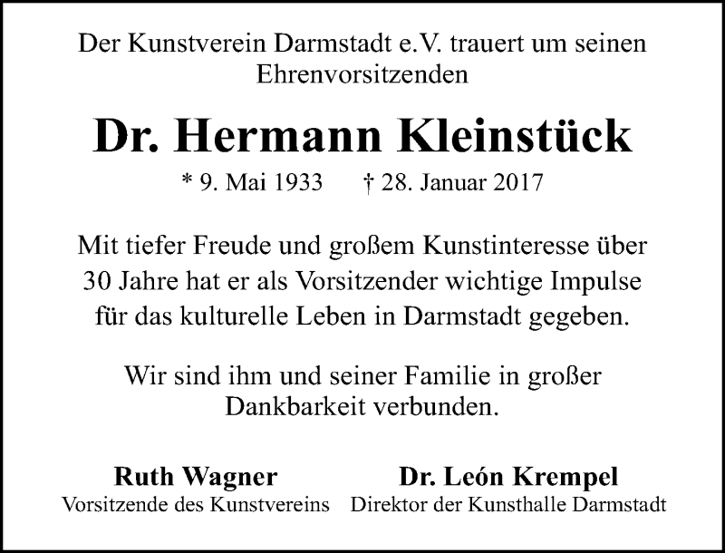  Traueranzeige für Hermann Kleinstück vom 02.02.2017 aus Trauerportal Echo Online