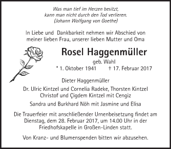 Traueranzeige von Rosel Haggenmüller von  Gießener Anzeiger