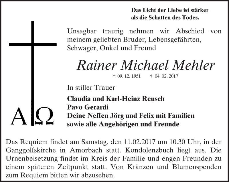  Traueranzeige für Rainer Michael Mehler vom 08.02.2017 aus Trauerportal Echo Online