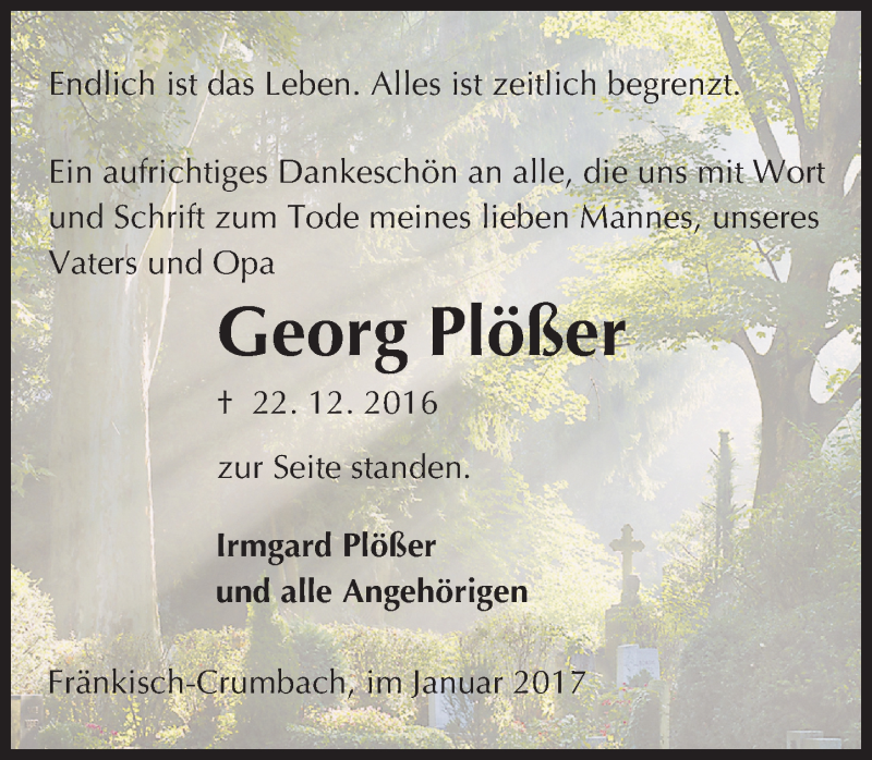  Traueranzeige für Georg Plößer vom 04.02.2017 aus Trauerportal Echo Online