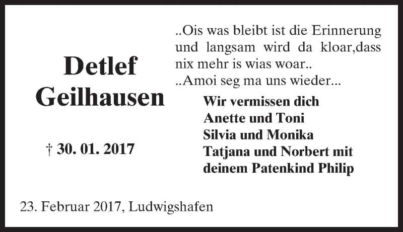  Traueranzeige für Detlef Geilhausen vom 27.02.2017 aus Trauerportal Rhein Main Presse